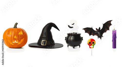 Halloween still life: pumpkin, hat, cauldron, bat, candle composition