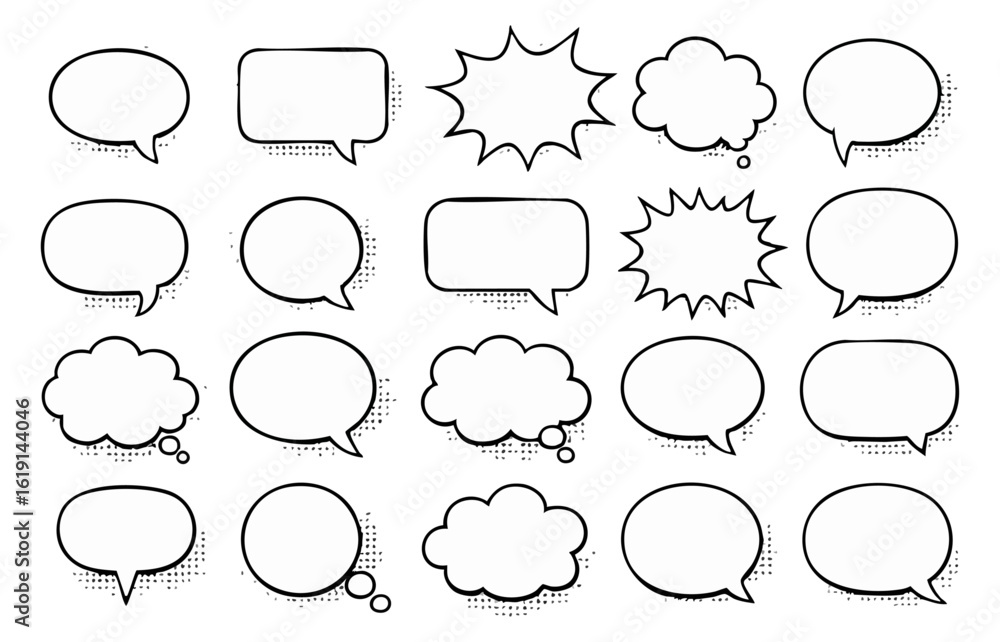 Fototapeta premium Comic Speech Bubble Frame Set, Hand-Drawn Style Blank Balloons in Black and White