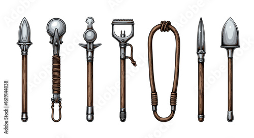 Antique tools with wooden handles and metal components isolated.