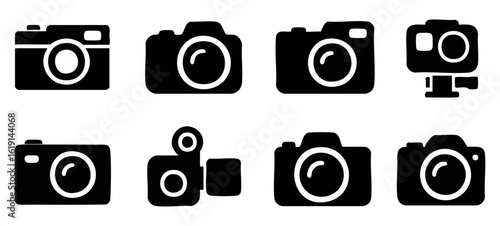 Black Silhouette Camera Icon Set, Various Digital Photography Device Graphics
