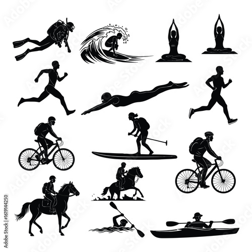 Vector art of diverse group of athletes engaging in various sports and recreational activities in silhouette