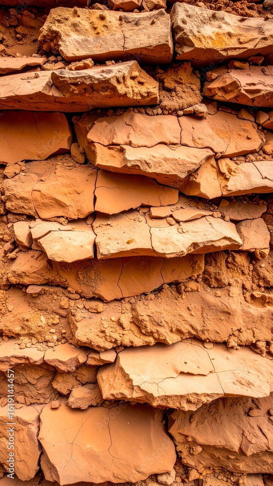 Fototapeta premium Rustic Orange Clay Brick Wall Texture with Uneven Fragmented Layered Background