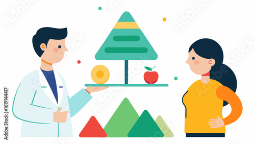 Consultation Scene A nutritionist and a patient sitting across a small table where the nutritionist is pointing to a colorful food pyramid diagram while explaining a balanced diet.