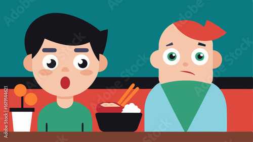 A person with wide eyes and raised eyebrows is observing their friend who is using pencils to eat sushi. The friend has an exaggerated expression of confusion holding the sushi
