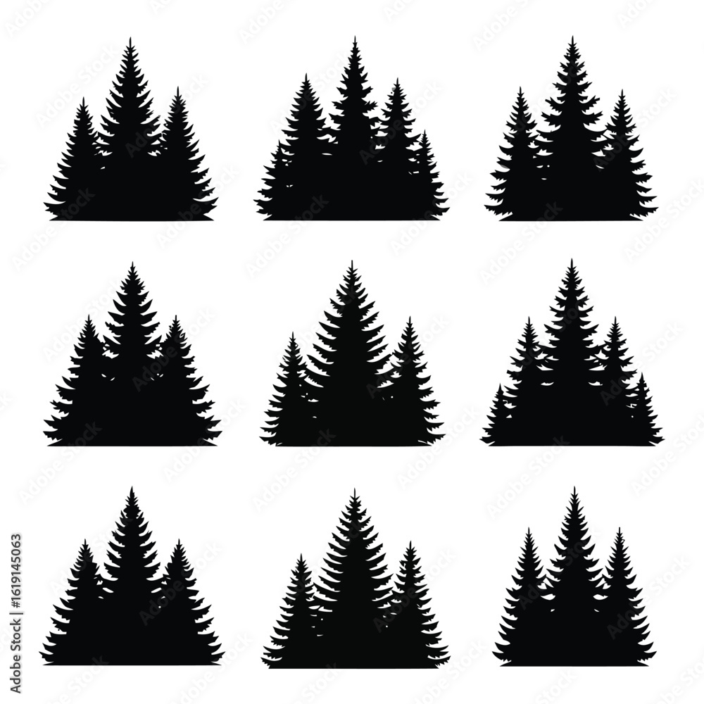 Obraz premium Vector art of a collection of evergreen tree silhouettes creating a diverse forest landscape design element