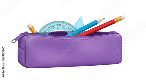 Purple pencil case full of school supplies, education concept icon on white background.