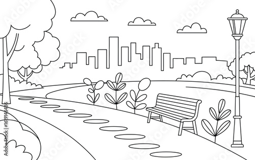 Sketch of a city park with a bench and skyline view