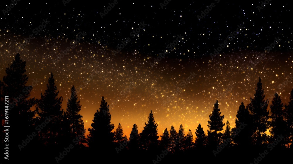 Naklejka premium Silhouettes of trees against a starry night sky.