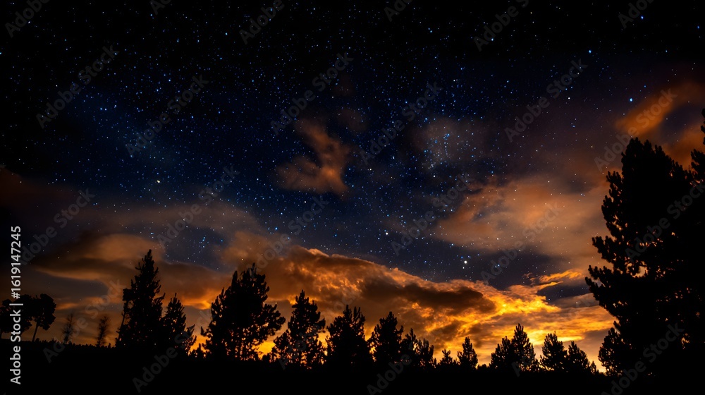 Naklejka premium Silhouettes of trees against a night sky full of stars and colorful clouds.