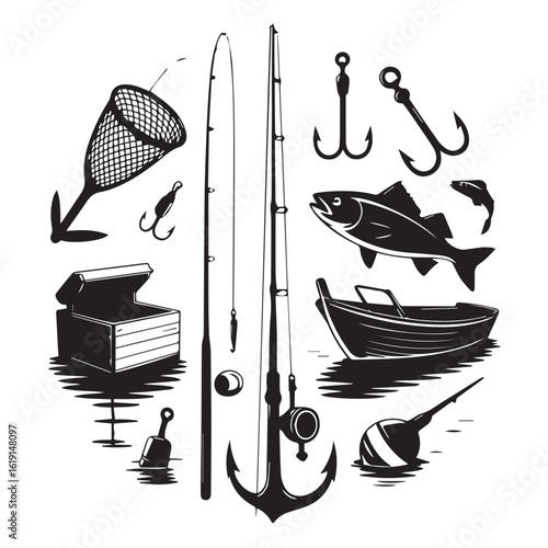 Fishing equipment and accessories in a circular arrangement isolated on white background, showcasing the tools and gear used for angling and recreational fishing