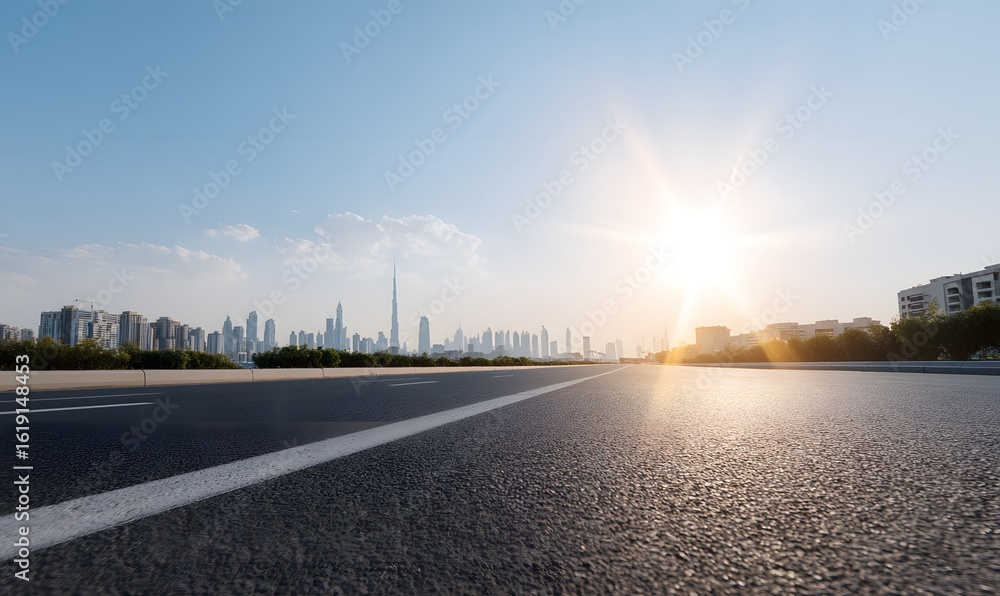 Fototapeta premium over asphalt road at dubai road, dubai skyline in the background