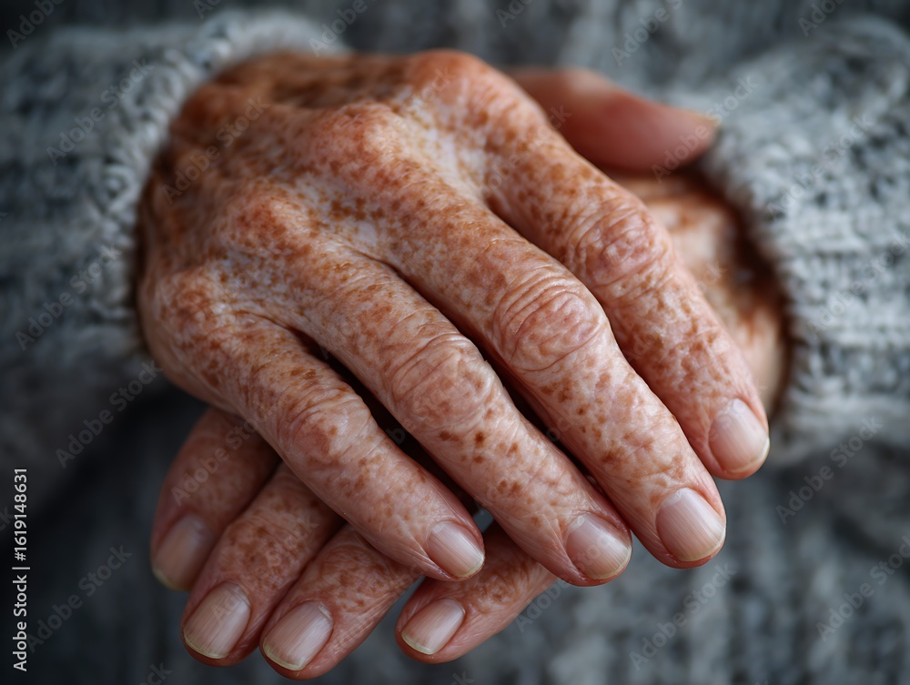 Fototapeta premium Close-up of aging female hands with age spots and visible veins,