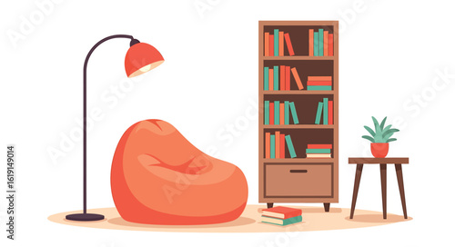 A cozy reading nook featuring a plush orange beanbag chair, an arc floor lamp, and a bookshelf filled with colorful books, with a small plant on a side table.