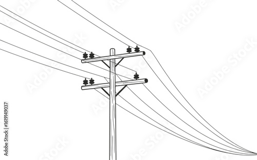 Overhead power lines and utility pole with insulators in a simple line drawing