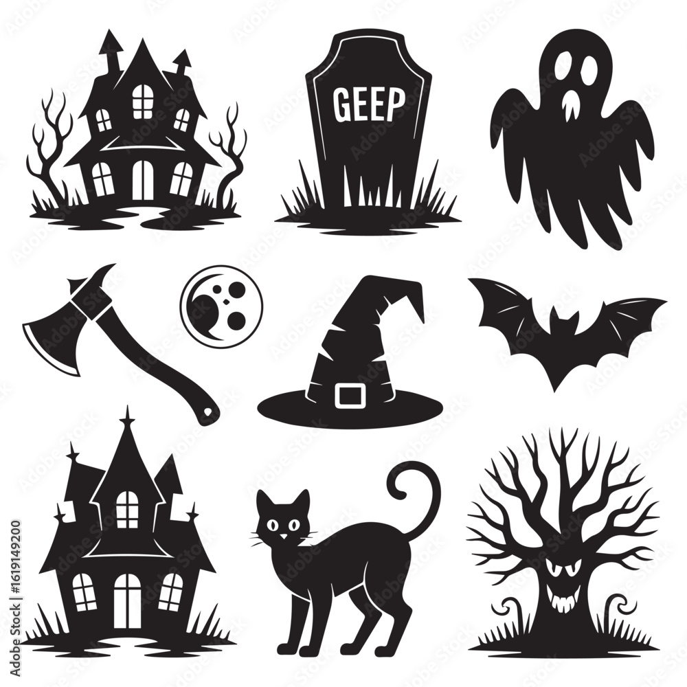 Obraz premium Collection of halloween themed icons isolated on white background, including a haunted house, tombstone, ghost, axe, moon, witch hat, bat, cat, and spooky tree
