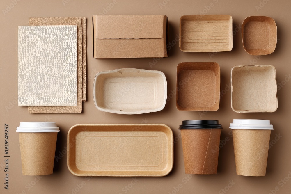 Fototapeta premium Flatlay of various sizes and shapes of eco-friendly brown cardboard food packaging and paper cups on a neutral background