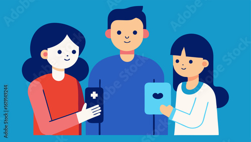 Family Usage An illustration of a family sitting together with a parent using the device on a child while the other parent observes the diagnostic results on a smartphone.