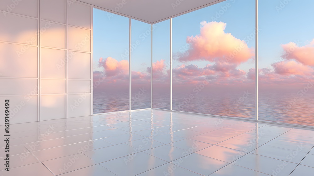 Fototapeta premium Empty, modern room with panoramic ocean view.
