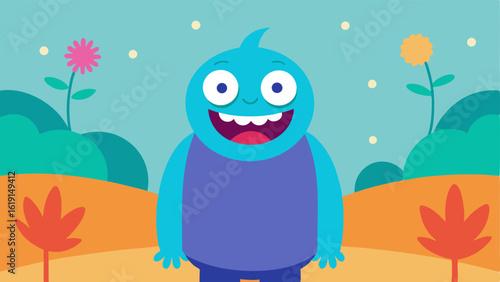 Character with Oversized Grin A cartoonish character stands with their hands behind their back their face adorned with an exaggeratedly large grin that stretches from ear to ear.