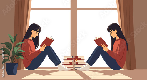Two young women, possibly reflections, peacefully reading books by a sunlit window, with a stack of literature between them.