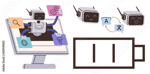 Robot emerging from monitor multitasking with icons for search and ideas. Side robots handle language translation. Battery icon reflects energy level. Ideal for AI, automation, productivity