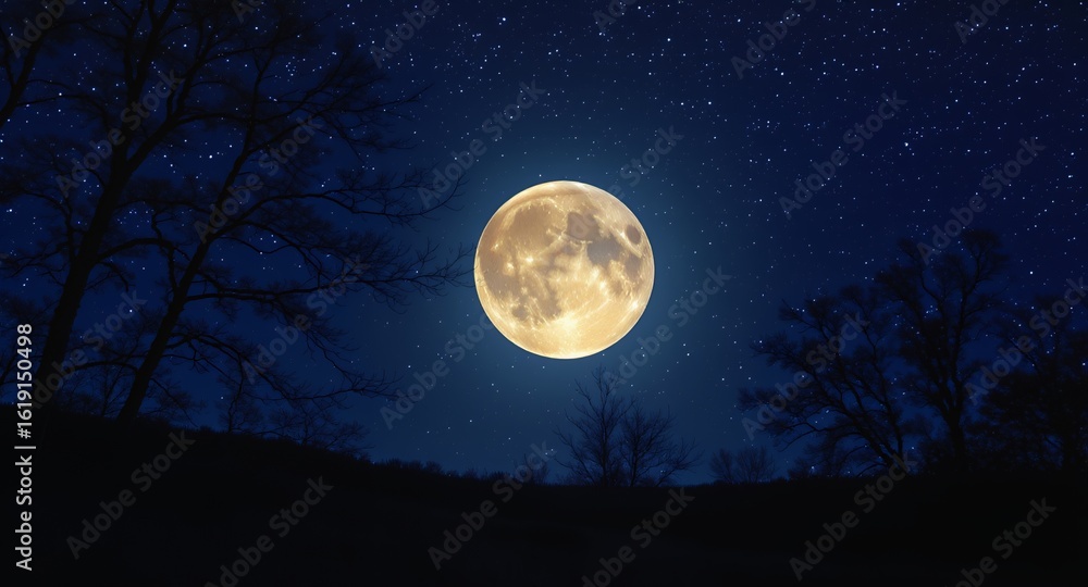 Fototapeta premium Radiant Full Moon Illuminating a Starry Night Sky with Silhouetted Trees and Dark Landscape