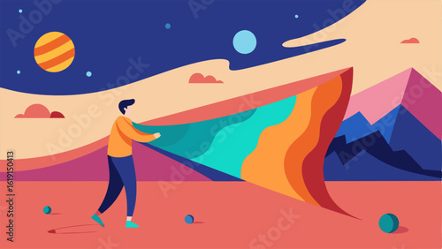 Collapsing Reality An illustrated scene where a character is pulling apart a large canvas that represents the fabric of space and time revealing colorful dreamlike landscapes