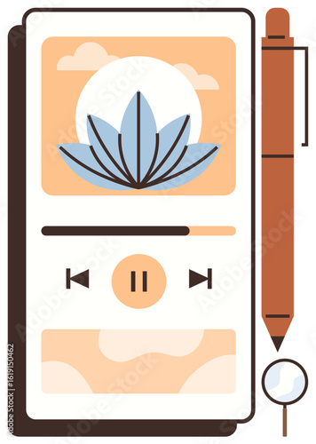 Smartphone screen displaying meditation app with lotus graphic, playback controls, pen, and magnifier. Ideal for mindfulness, wellness, self-care, apps, relaxation productivity simple flat metaphor