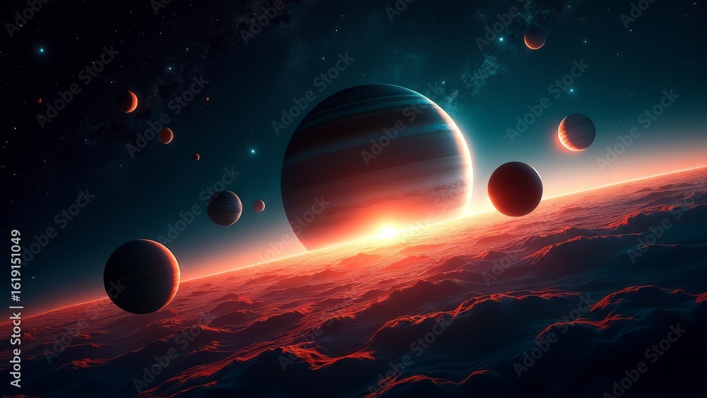 Obraz premium Planets aligning over red alien landscape