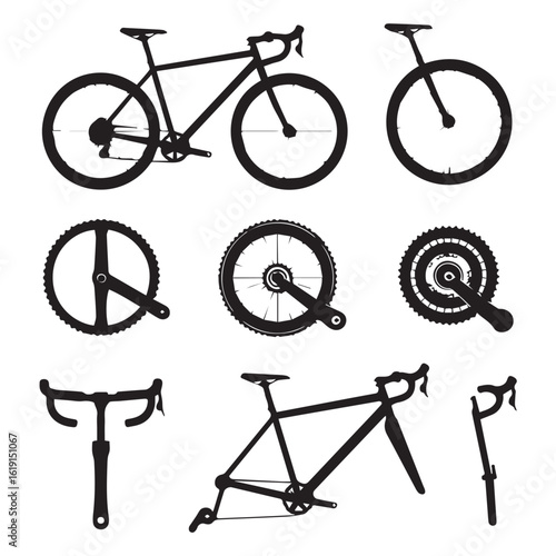 Set of various bicycle parts and silhouettes, including frames, wheels, handlebars, and other components, isolated on white background for design and illustration