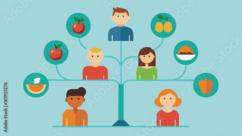 Family Tree of Nutrition A stylized family tree branching out showing various food choices correlated with different genetic traits of family members.