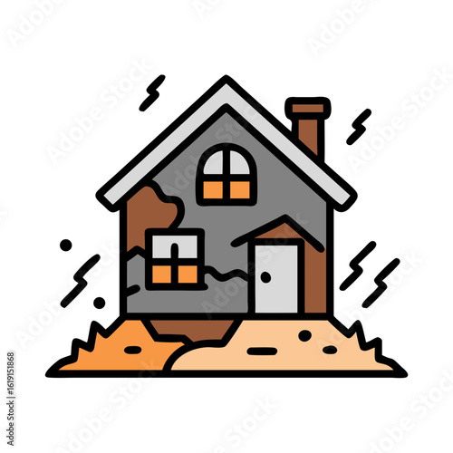 Cartoon house with damage, vector image representing property repairs and real estate condition