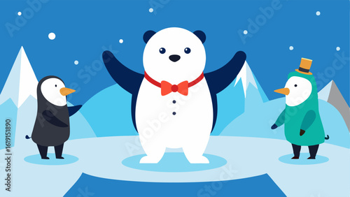 the penguin wears a bow tie while the polar bear dons a shiny vest. They perform on a stage made of ice surrounded by cheerful animal spectators clapping their paws.