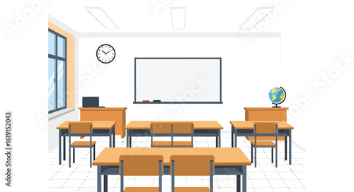 Empty classroom with desks, chairs, a whiteboard, and a globe.