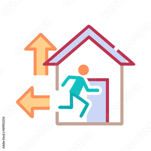 Emergency Exit Illustration with Arrows and Figure Escaping Building on Black Background