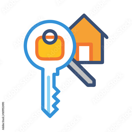 Illustration of a house and key representing real estate, property ownership, and home security