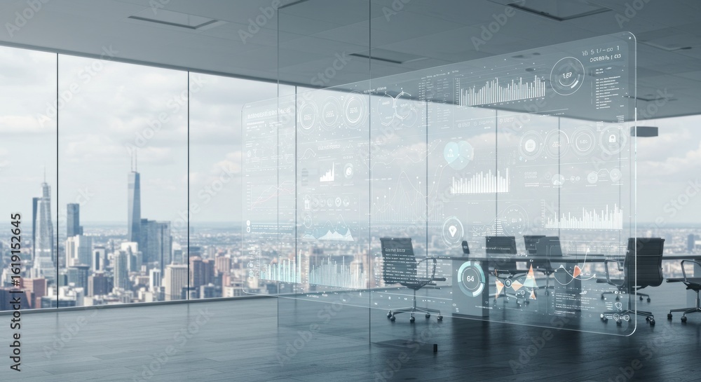 Obraz premium Futuristic office space with integrated data visualization overlooking cityscape