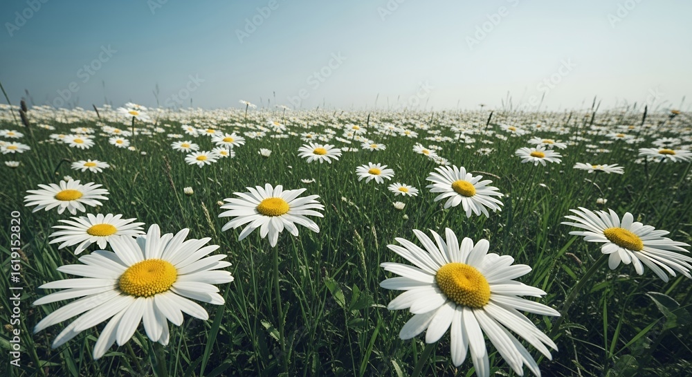 Fototapeta premium Vibrant Field of White Daisies in Lush Green Grass Under a Clear Blue Sky on a Bright Sunny Day