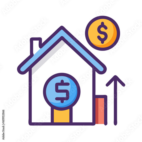 Real estate value increase represented by house icon, coins, and upward arrow