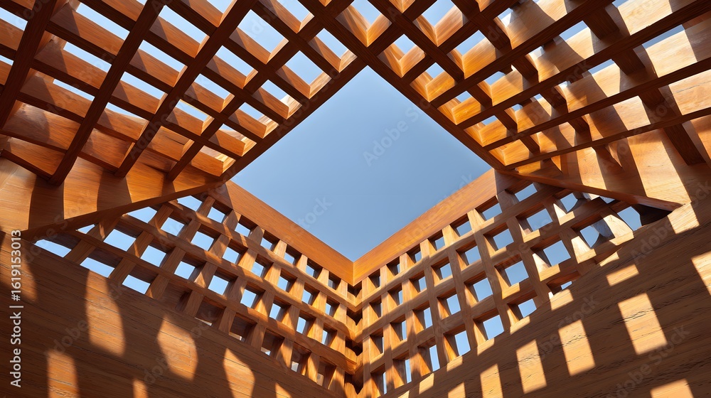 Fototapeta premium Wooden lattice structure with sunlight patterns.