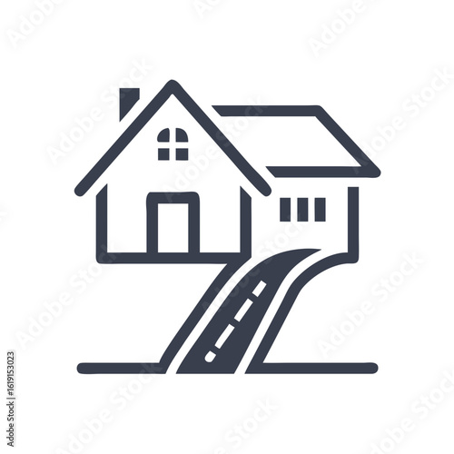 Minimalist house icon leading up a curved driveway, isolated on black backdrop
