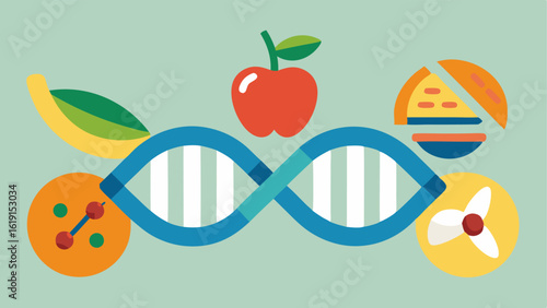 DNA Helix A doublehelix DNA strand intertwined with health icons such as fruits dumbbells and pills symbolizing genetic influences on health.