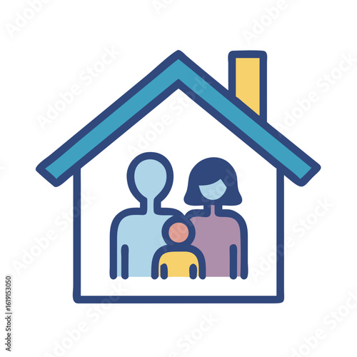 Stylized family graphic inside house shape illustration representing home and family life