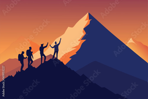 group of hikers reaching mountain summit at sunris (1).eps