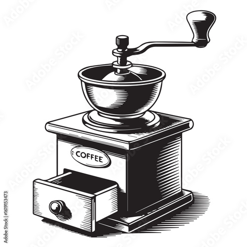 Vintage coffee grinder isolated on white background, a manual mill with wooden box and drawer, evoking the aroma and tradition of freshly ground coffee