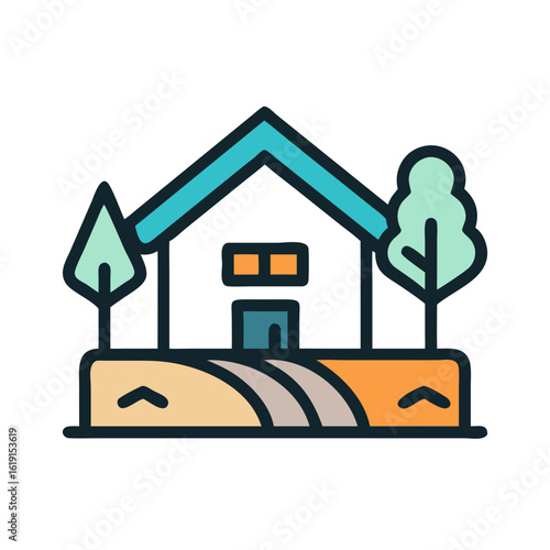 Iconic home illustration with trees and path on black background for graphic design