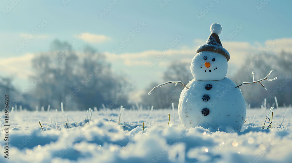 Obraz premium Cheerful Snowman on Snowy Field for Winter Holiday Background