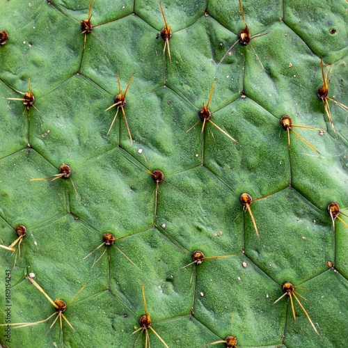 Close Up Green Cactus Pad Texture with Prickly Spines and Geometric Pattern