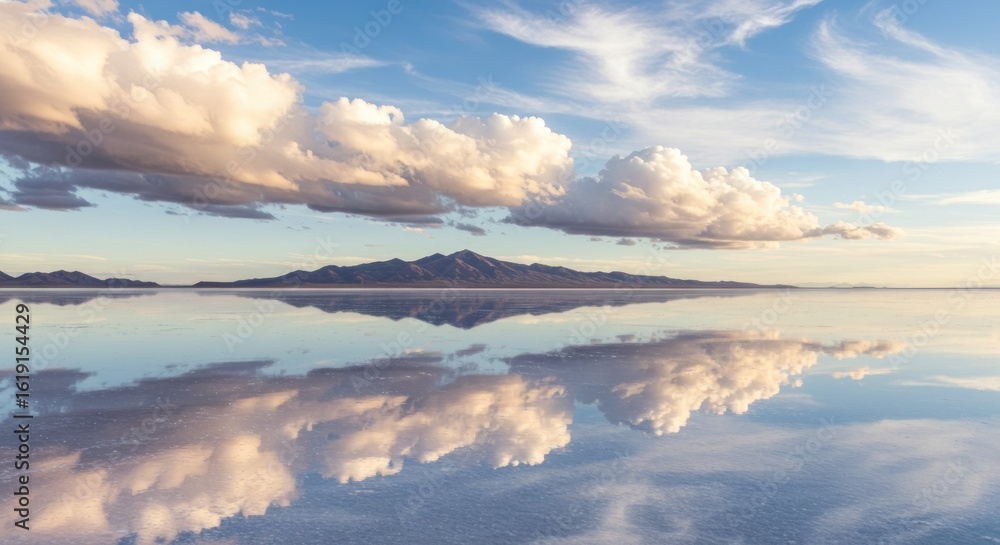 Obraz premium Surreal reflection of cumulus clouds and distant mountains on mirrored lake surface