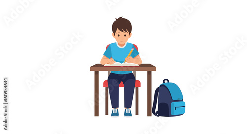 A young male student sits at a wooden desk, writing in an open notebook with a backpack on the floor beside him.